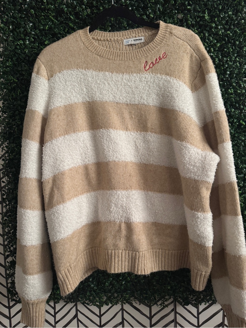 Sonoma Cream and Tan Striped Crewneck Sweater with 'Love' Embroidery
